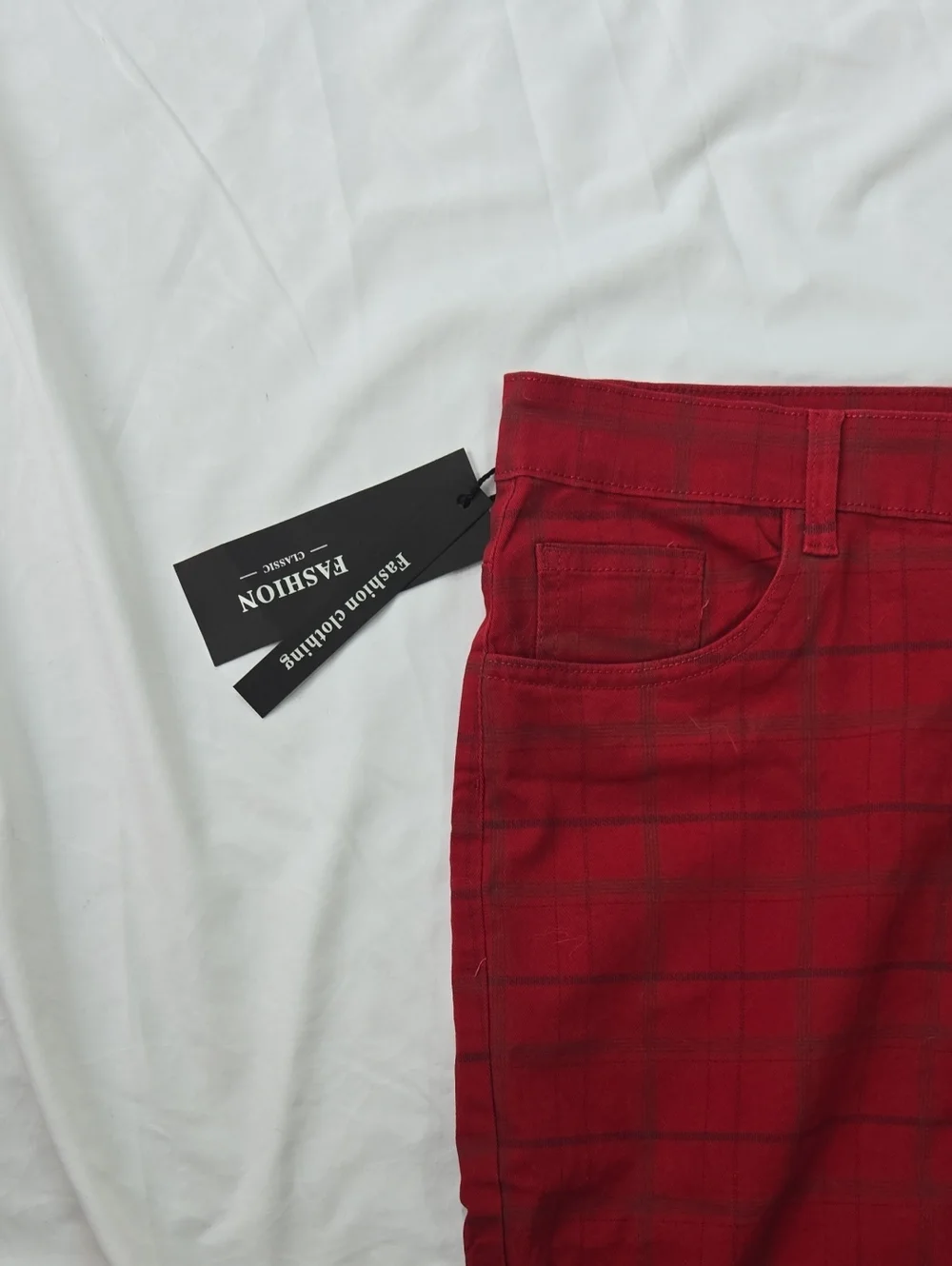 Men's Red Plaid Pants, Plaid Lines Black And Some Blue